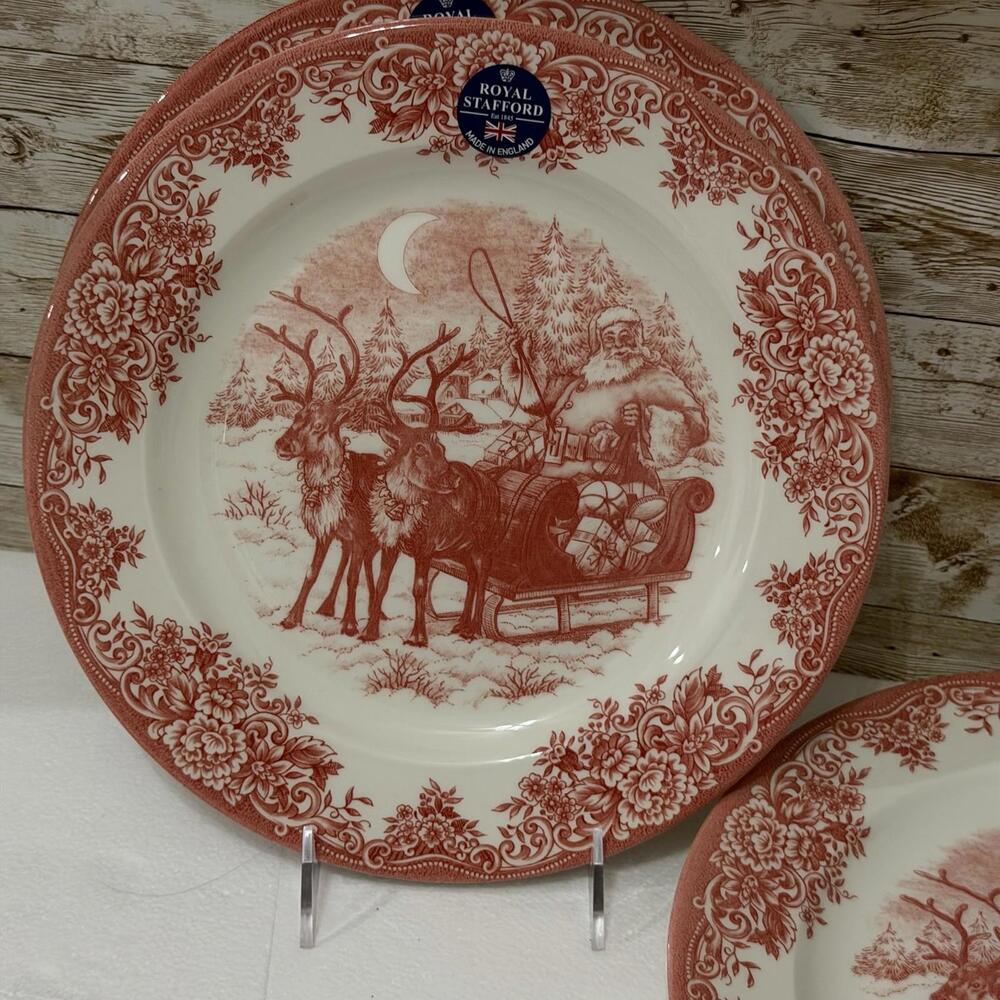 Royal Stafford Santa’s Sleigh Red Christmas Salad Plates 8” Set of 4 - Picture 2 of 6